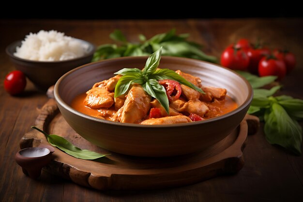 Fotografía de comida tailandesa con curry de pollo rojo tailandés