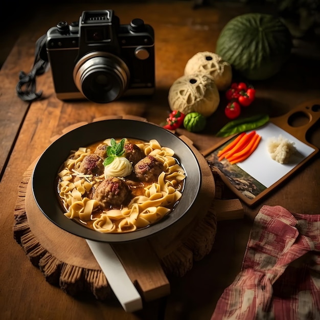 fotografía de comida tailandesa, fideos con carne de cerdo, albóndigas y vegetales