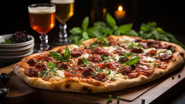 Fotografía de comida de vista superior de primer plano de la deliciosa pizza siciliana italiana clásica con verduras alrededor