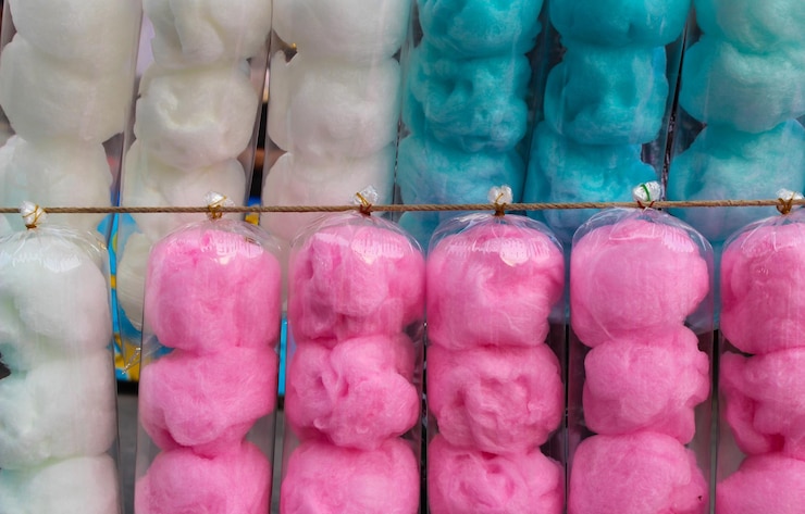 Foto fotografía completa de algodón caramelo para la venta en el mercado