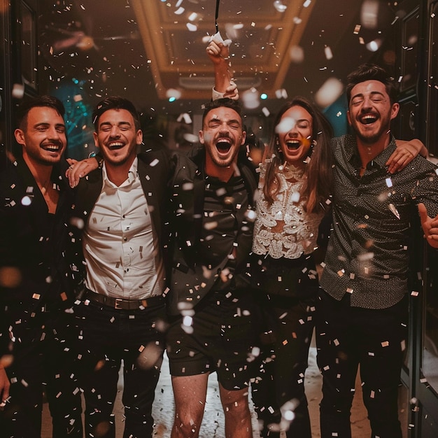 Fotografia completa de amigos a celebrar o ano novo.