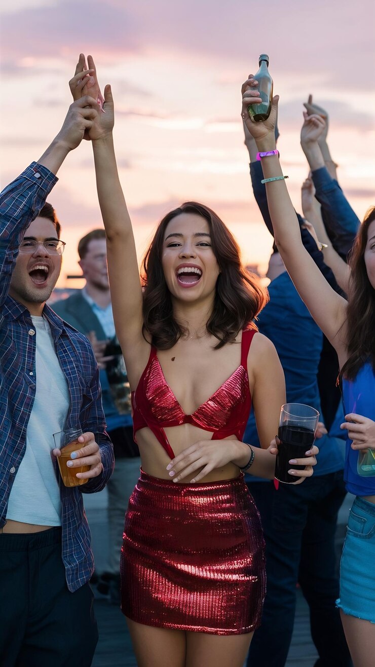Foto fotografía completa de jóvenes de fiesta en la azotea