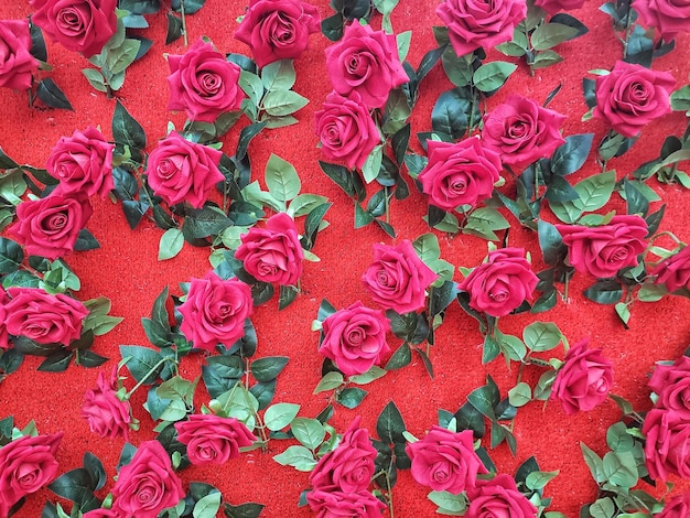 Foto fotografía completa de la pared decorada con rosas rojas