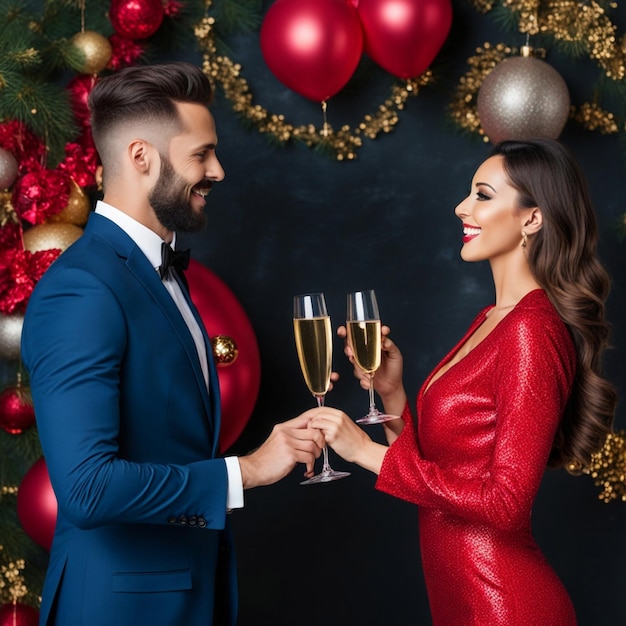 Fotografía completa de una pareja celebrando el año nuevo.