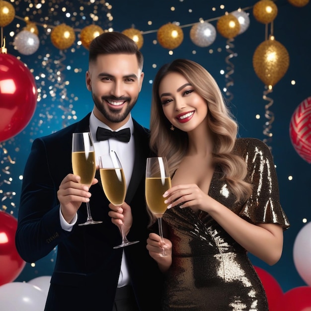 Fotografía completa de una pareja celebrando el año nuevo.