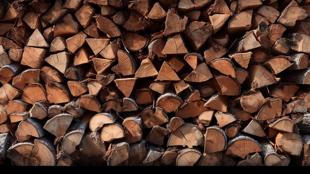 Fotografía completa de la pila de madera apilada y cortada para leña