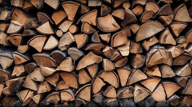 Fotografía completa de la pila de madera apilada y cortada para leña