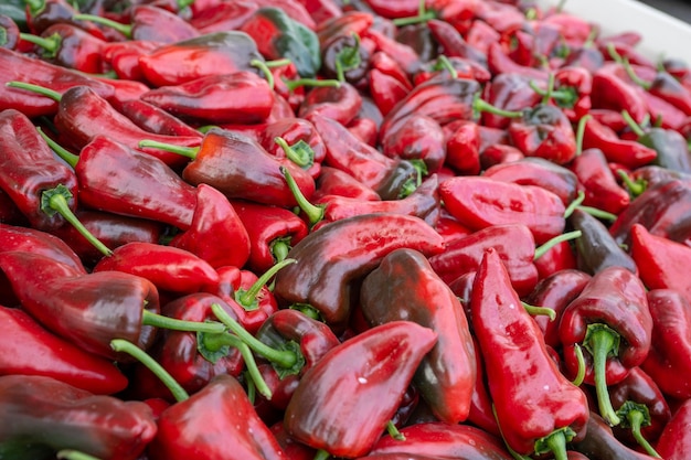 Foto fotografía completa de pimientos rojos para la venta en el mercado