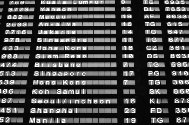 Fotografía completa de la tabla de llegada y salida en el aeropuerto.