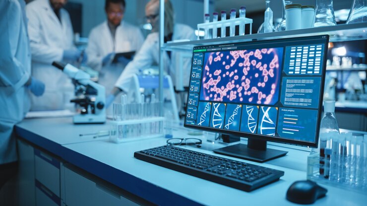 Foto fotografía de una computadora de escritorio con pantalla que muestra la interfaz de edición de genes un equipo diverso de científicos de investigación médica se reúnen y llevan a cabo experimentos en el laboratorio de investigación médica en el fondo
