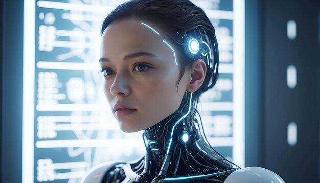 Foto fotografia conceitual de uma mulher robô de inteligência artificial