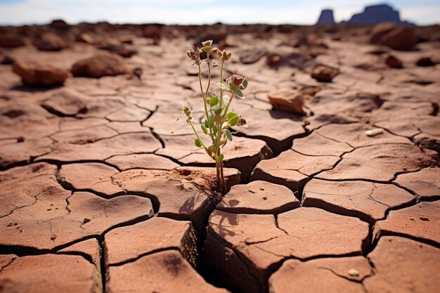 Foto fotografia conceitual de uma terra rachada com uma única planta secada