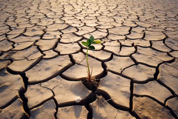 Fotografia conceitual de uma terra rachada com uma única planta secada