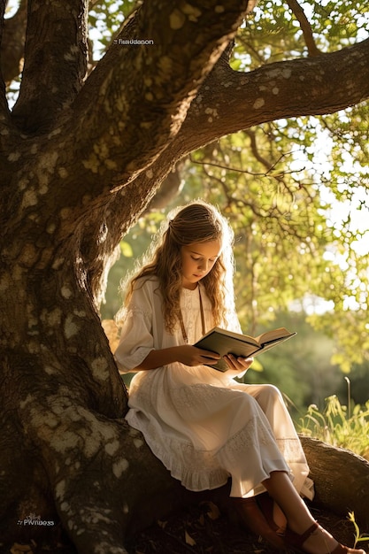 Fotografía conceptual de una niña leyendo bajo un árbol