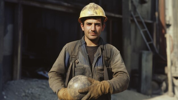 Fotografía de un constructor masculino con uniforme, vaqueros y guantes sosteniendo el casco en la mano Vista delantera