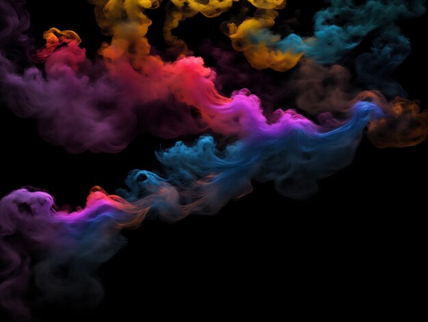 Fotografía de una corriente de humo de colores que fluye singular en fondo negro