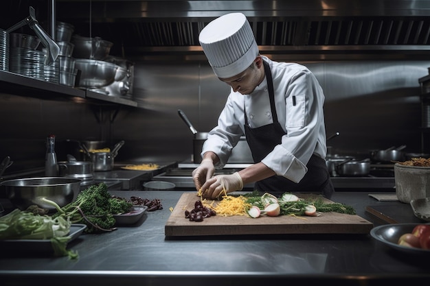 Fotografia cortada de um sous chef preparando comida em uma cozinha criada com IA generativa