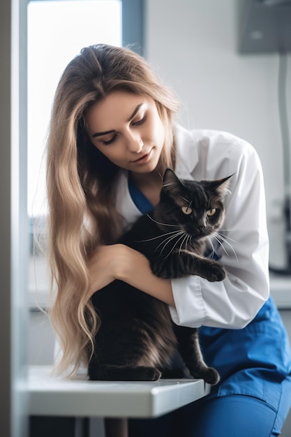 Fotografia cortada de uma jovem e atraente veterinária examinando um gato na clínica