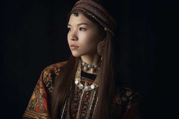 Fotografia cortada de uma jovem vestindo roupas tradicionais criadas com IA generativa