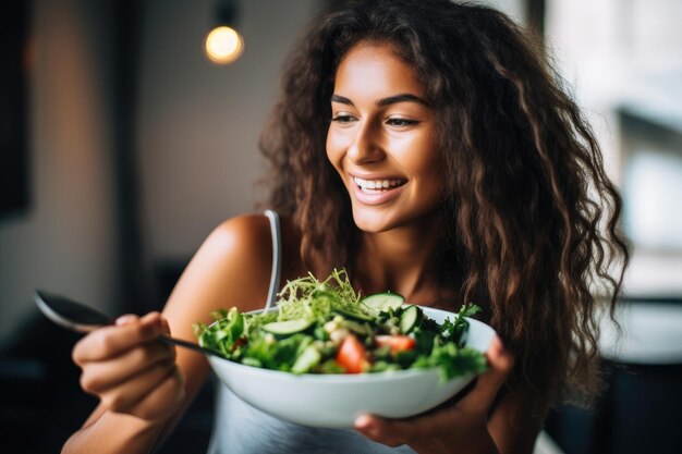 Fotografía cortada de una mujer joven disfrutando de una ensalada creada con IA generativa