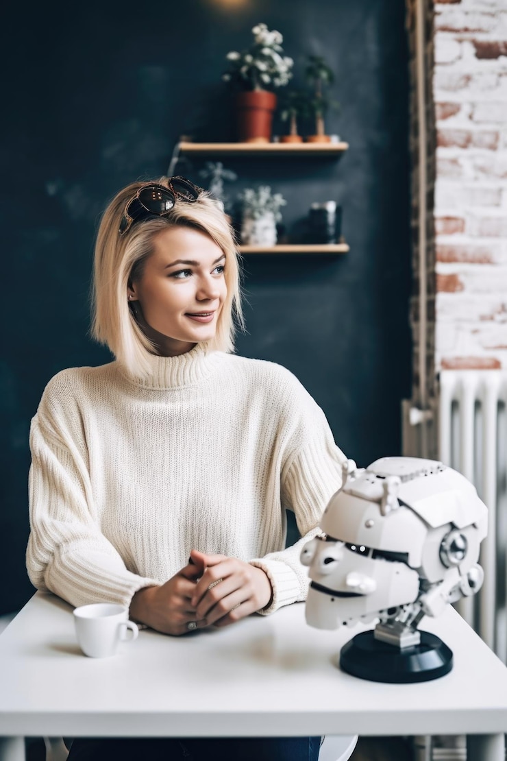Foto fotografía cortada de una mujer joven tomando café con su amiga robótica creada con ia generativa
