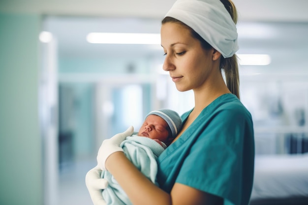 Fotografía cortada de una mujer sosteniendo a su bebé recién nacido en el hospital