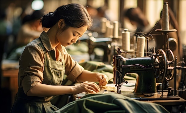 Fotografía de una costurera asiática en una fábrica textil cosiendo en máquinas de coser industriales