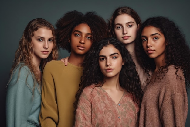 Fotografía creada con IA de varias niñas de diferentes etnias en un fondo gris con diferentes vestidos Concepto de igualdad social e inclusión