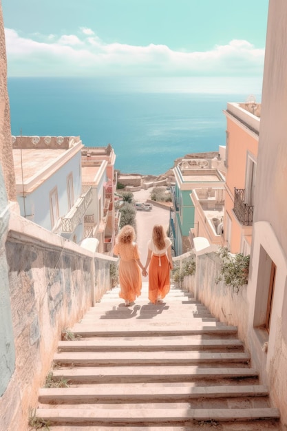 Fotografia criada com IA Imagem de uma menina em um vestido descendo uma escada com vistas deslumbrantes do Mar Mediterrâneo Conceito de férias de verão