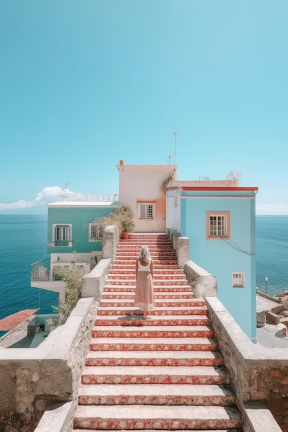 Fotografia criada com IA Imagem de uma menina em um vestido descendo uma escada com vistas deslumbrantes do Mar Mediterrâneo Conceito de férias de verão