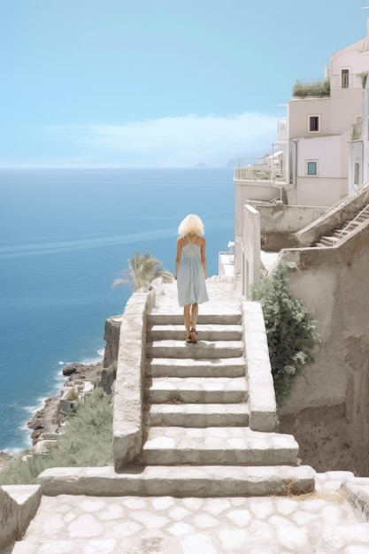 Fotografia criada com IA Imagem de uma menina em um vestido descendo uma escada com vistas deslumbrantes do Mar Mediterrâneo Conceito de férias de verão