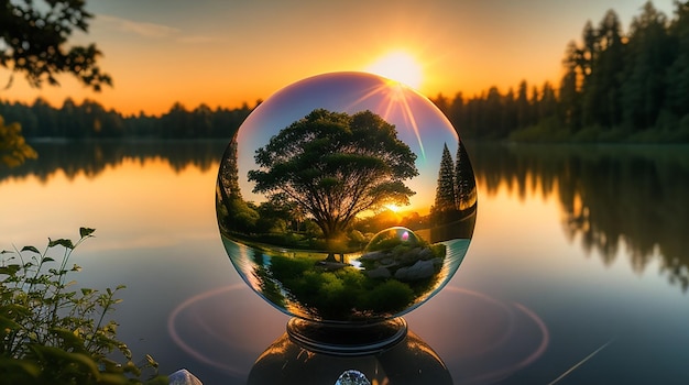 Fotografia criativa de bola de lente de cristal de vegetação e um lago no pôr do sol