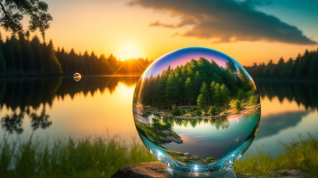 Fotografia criativa de bola de lente de cristal de vegetação e um lago no pôr do sol