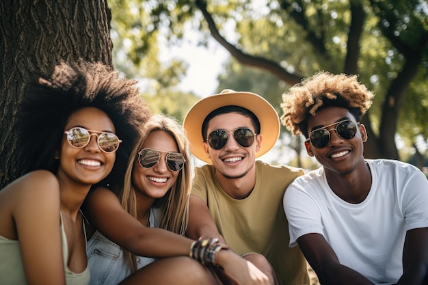 Fotografía de cuatro jóvenes amigos disfrutando del día en el parque conmemorativo creado con IA generativa