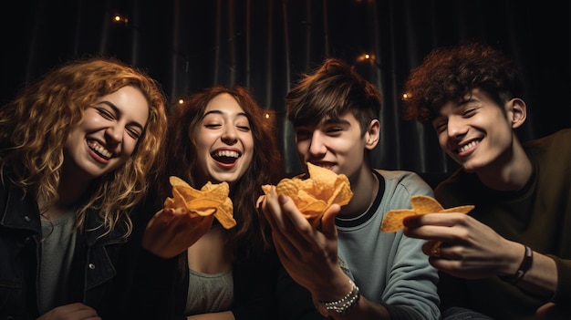 fotografía de cuatro jóvenes comiendo papas fritas alegría