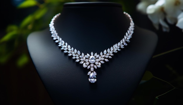 Una fotografía de un cuello blanco con un collar de diamantes de lujo
