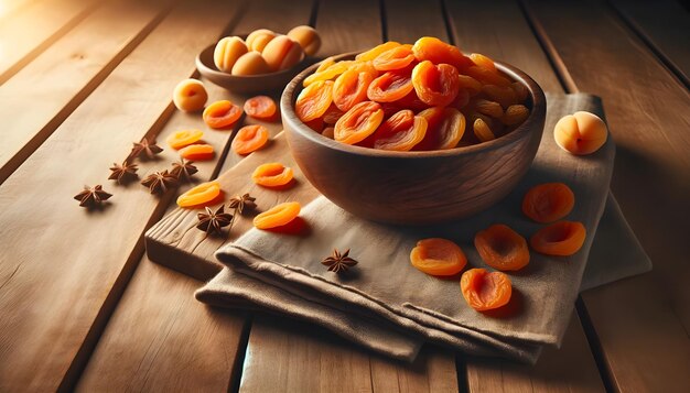 Foto fotografía de un cuenco lleno de albaricoques secos de color naranja brillante en una mesa de madera ligera