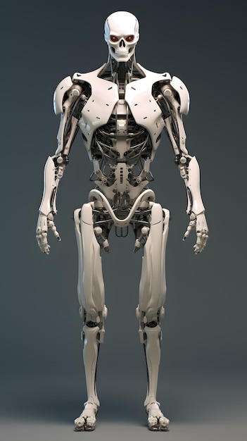 Fotografía de cuerpo entero de un androide futurista con parecido a un esqueleto humano Esqueleto Exo