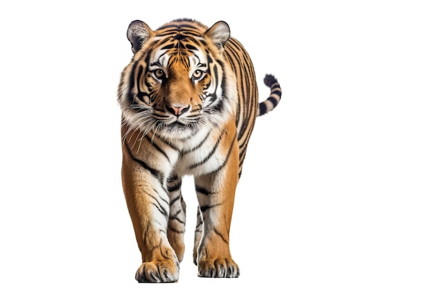 Fotografía de cuerpo entero de un tigre adulto caminando sobre un fondo blanco Se puede recortar fácilmente sobre un fondo blanco