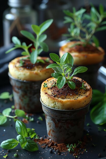 Fotografía de cupcakes hechos para la celebración del Día de la Tierra Plantas en ollas concepto Fiesta de bocadillos verdes frescos Ilustración generada por Ai