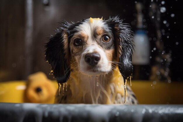 Fotografía de Cute Wet Dog en la bañera con espuma