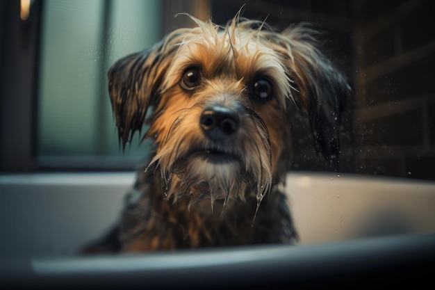 Fotografía de Cute Wet Dog en la bañera con espuma