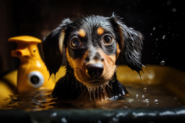 Fotografía de Cute Wet Dog en la bañera con espuma