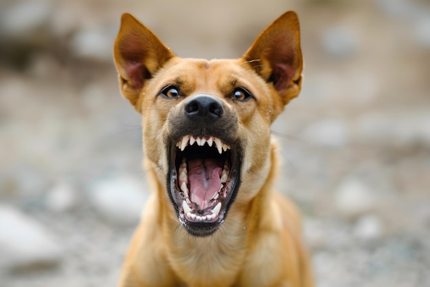 Fotografia da cabeça de um cão agressivo a ladrar conceito de infecção pelo vírus da raiva