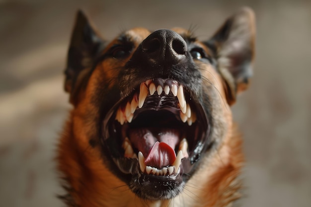 Foto fotografia da cabeça de um cão agressivo a ladrar conceito de infecção pelo vírus da raiva