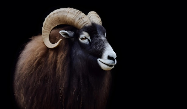 Fotografia da cabeça de um carneiro escuro com grandes chifres em forma de hélice isolados contra um fundo preto