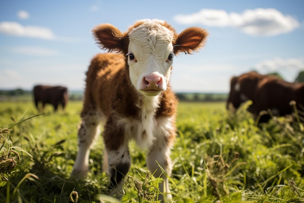 Fotografia da natureza de uma vaca pastando pacificamente em um prado verde enquanto o sol começa a se pôr