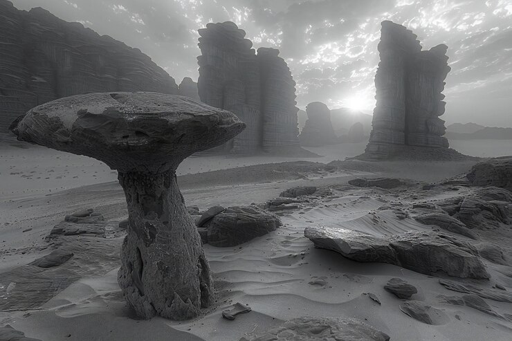 Foto fotografia da paisagem do deserto de wadi ushrya com formações rochosas e o pôr do sol no fundo