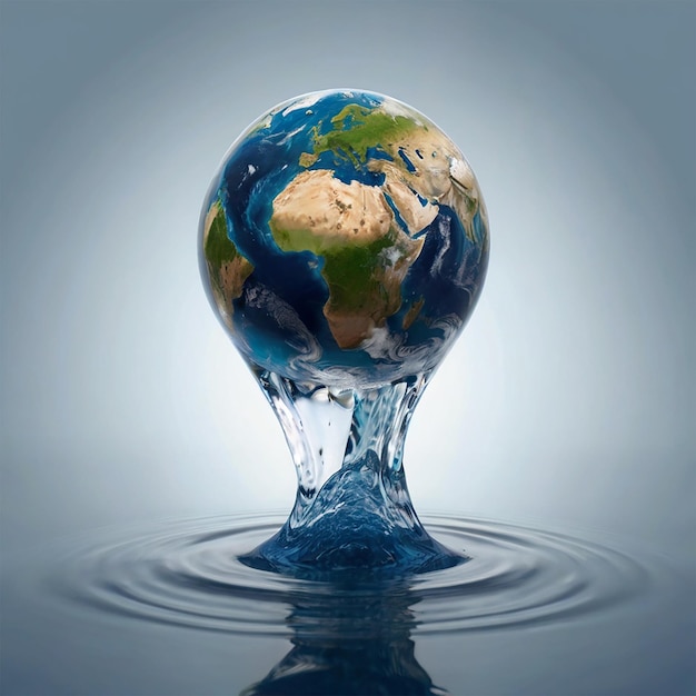 Fotografia da Terra em forma de gota de duas mãos na conferência sobre mudanças climáticas da ONU no Dia Mundial da Água