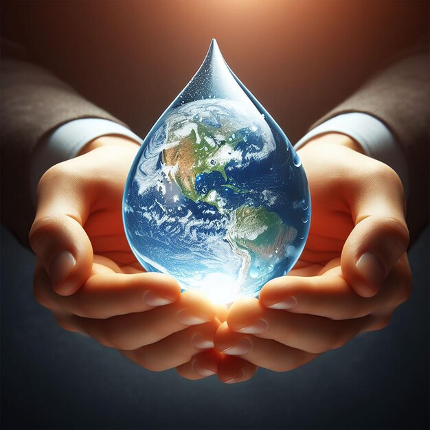 Fotografia da Terra em forma de gota de duas mãos na conferência sobre mudanças climáticas da ONU no Dia Mundial da Água